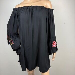 Feathers Whimsigoth Black Tunic XL | Off Shoulder Bell Sleeve Rose Embroider Top